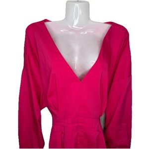 New York & Company Solid Hot Pink Wrap V-neck High-Low Top Cotton Blend Blouse